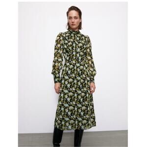 ZARA Floral Print Swiss Dot Peek A Boo Slit Chest Long Sleeve Midi Dress Size XL